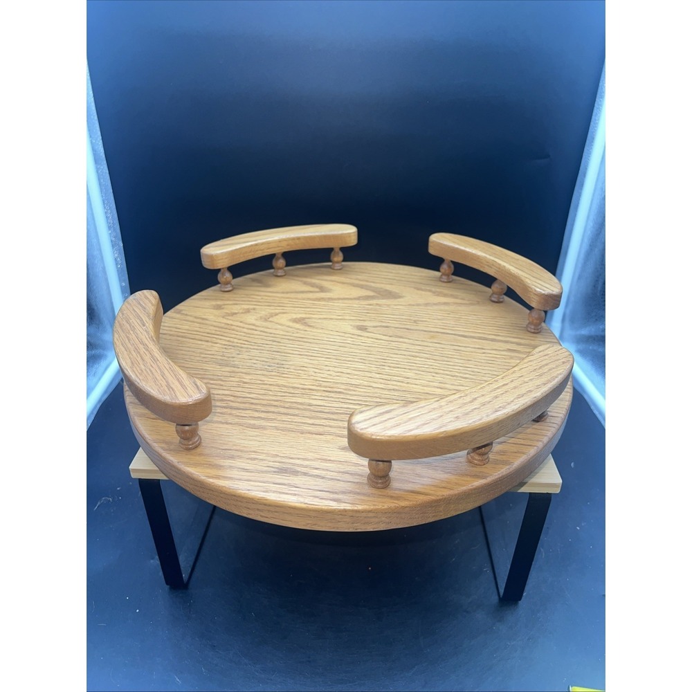 Vintage Solid Oak Wood Lazy Susan Organizer Turntable Railed Sturdy Heavy